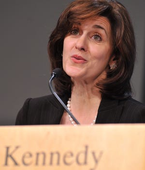 Victoria Reggie Kennedy, widow of Sen. Edward Kennedy, speaks at the John F. Kennedy Presidential Library and Museum, before a forum of historians gathered to discuss Sen. Kennedy's memoir, 'True Compass' at the museum in Boston, Thursday, Dec. 3, 2009.