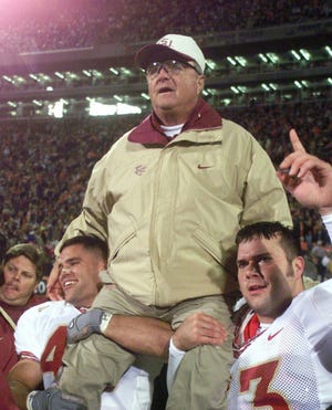 Florida State's Bobby Bowden, shown being carried off the field after winning his 300th career game, announced on Tuesday that he will retire at the end of this season.