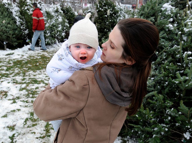 Amanda Phillips of Westborough checks up on her 6-month-old son, Jax, as she and her brother, Adam Boyce, rear, search for his first Christmas tree at the Westborough Civic Club tree lot on Main Street.