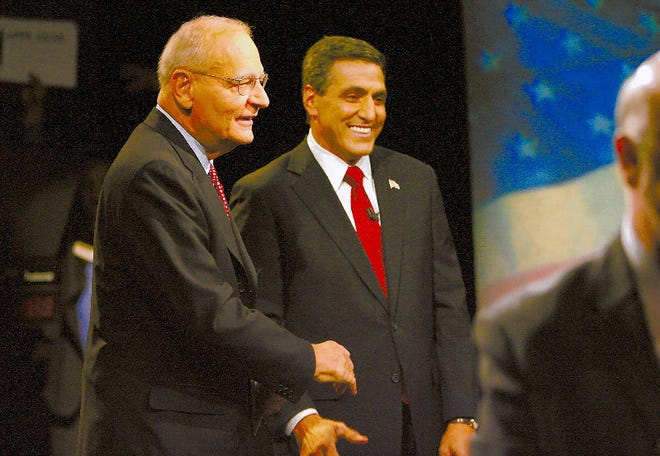 U.S. Rep. Paul Kanjorski, left, stands with Republican challenger, Hazleton Mayor Lou Barletta, after their debate in Pittston in 2008.