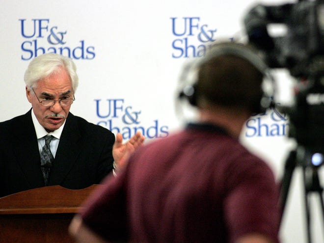 In an effort to be more transparent to the public Timothy Goldfarb, Chief Executive Officer of Shands HealthCare, talks in a press conference at Shands Cancer Hospital at UF Wednesday afternoon about the discovery of Legionella bacteria, commonly found in the water, found at the Cancer Hospital when an unidentified patient tested positive for the bacteria Tuesday. The bacteria was also found in two sinks in the patients room.