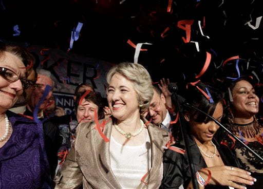Houston Mayor-elect Annise Parker, center, smiles at her partner, Kathy Hubbard, left, as they celebrate Parker's runoff election victory at a campaign party Saturday, Dec. 12, 2009 in Houston. Parker defeated former city attorney Gene Locke making Houston the largest U.S. city to elect an openly gay mayor.