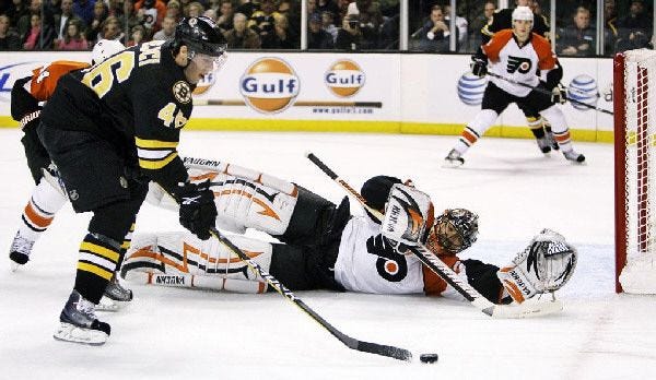 Philadelphia Flyers goalie Brian Boucher stretches to make a save on a shot by Boston Bruins center David Krejci during the second period of Monday night's game at TD Garden in Boston.