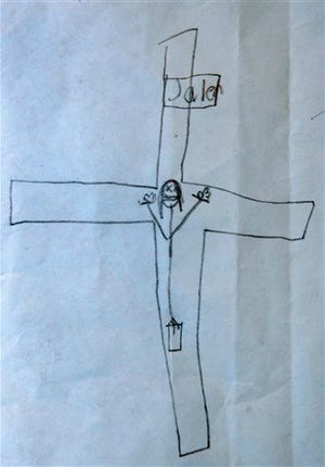 This drawing, released by Chester Johnson, of Taunton, shows a sketch of Jesus on the cross created by his son as part of school work, in Taunton, Mass. on Tuesday, Dec. 15, 2009. The 8-year-old boy was sent home from school and ordered to undergo a psychological evaluation after he was asked to make a Christmas drawing and came up with what appeared to be a stick figure of Jesus on a cross, the child's father said Tuesday.