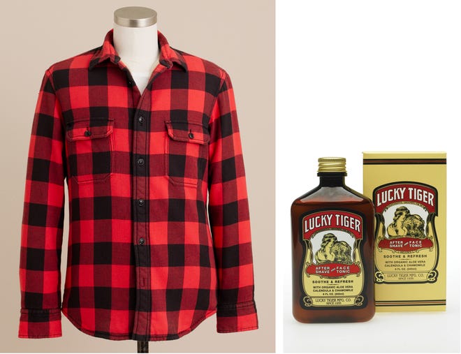 The current craze for vintage has inspired a crop of new clothes and accessories. Here, J. Crew’s buffalo plaid flannel shirt jacket lined with faux-shearling sherpa ($98) and Lucky Tiger’s old-school barbershop style After Shave and Face Tonic ($19.50 for 8 oz.).