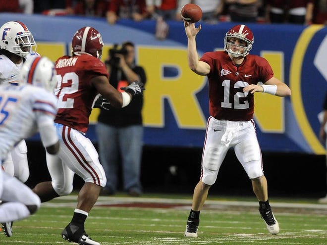 University of Alabama quarterback Greg McElroy (12) looks for an open receiver during the SEC Championship Game on Dec. 5. Alabama faces Texas on Jan. 7, 2010, for the BCS National Championship.