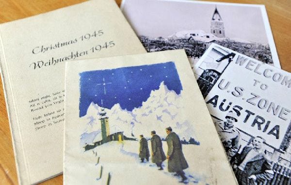 Memorabilia from Oberndorf, Austria, where Lee Matthys was stationed during Christmas of 1945. The little town was the birthplace of the "Silent Night" Christmas carol.