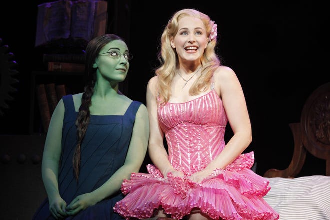 Donna Vivino, as Elphaba, The Wicked Witch of The West, and Chandra Less Schwartz, as Glinda The Good Witch, star in “Wicked” at the Providence Performing Arts Center.