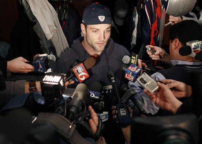 Patriots wide receiver Wes Welker speaks with members of the media Wednesday in the team’s locker room at Gillette Stadium in Foxboro, Mass. The Patriots host the Jacksonville Jaguars on Sunday.