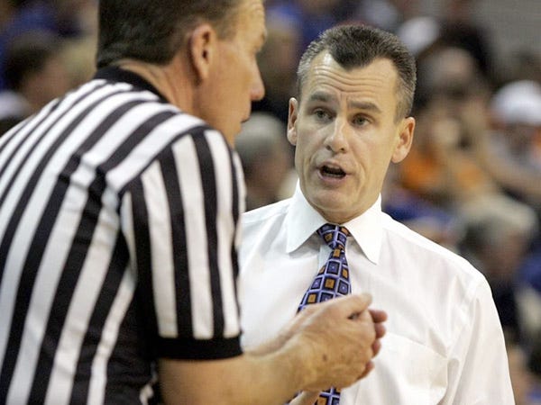University of Florida head basketball coach Billy Donovan talks with an official during the second half of the Gators' 76-60 win over American University on Monday.