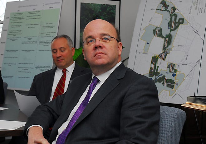 U.S. Rep. James McGovern, D-3rd, listens to a presentation on the Legacy Farms Project yesterday at the Weston Nurseries offices in Hopkinton.