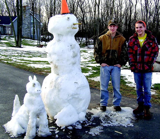 Cousins Hunter Byers and Tanner Stolte, both 18, had some fun at 850 Leitersburg Road Sunday. While Hunter's parents were away, they built a snow man and snow dog in the middle of the driveway. "Originally there was mischievous intent," said Tanner. They left the property and wondered how Troy and Amy Byers would get up to the house. The parents simply drove on the grass. Hunter reported they thought it was funny but said the snow art should probably be taken down soon, because motorists were stopping in the road to look at the sculptures.