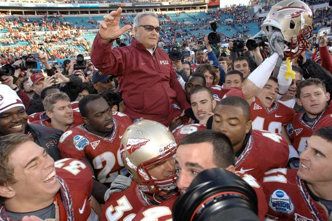 BOB SELF/The Times-UnionFSU coach Bobby Bowden is carried from the awards platform after winning Friday's Gator Bowl game 33-21 over West Virginia.
