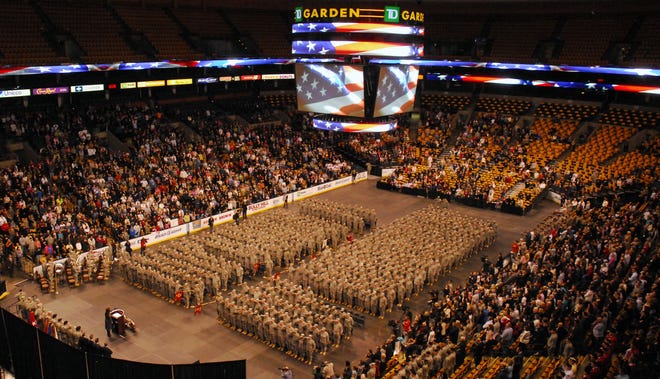 A large crowd filled the lower levels of the TD Garden during a ceremony honoring more than 600 Massachusetts National Guard Soldiers on Sunday morning.