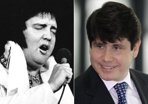 Do you think Elvis Presley, left, would have been pleased on today, his 75th birthday, to hear that former Gov. Rod Blagojevich was his No. 2-best impersonator, according to Time magazine?