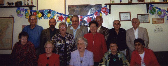 Those attending included (from left) in front row: Rose Tobler Myers, Margurite Ingold Roderick, Phyllis Reed Frautschy, Betty Marty Barker and Joan Barmore Patterson. In second row: Cynthia Dunaway Reed and Joyce Fiene Gabel. In back row: Richard Thorn, Robert Reeser, Beryl Hemphill, Laurence Leverton, Claire Wichman and Charles Roderick.