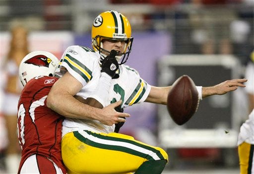 Arizona Cardinals' Michael Adams (27) hits Green Bay Packers' Aaron Rodgers and causes a fumble during the overtime of an NFL wild-card playoff football game Sunday, Jan. 10, 2010, in Glendale, Ariz. Arizona's Karlos Dansby recovered the fumble and ran it in for a touchdown. Arizona won 51-45.