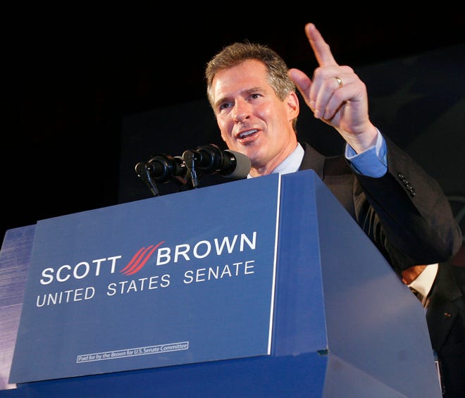 Sen.-elect Scott Brown at the podium in Tuesday night's rally at the Park Plaza in Boston.