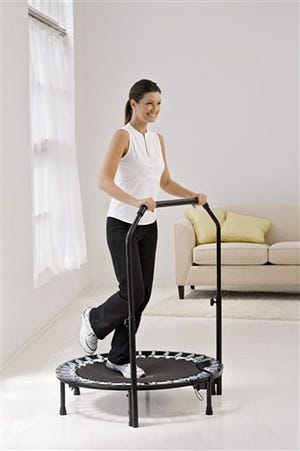 This product image released by Gaiam shows their trampoline workout system. Challenge your cardiovascular system, increase oxygen intake, shape and tone legs, hips and glutes, and burn fat with our motivating 35-minute workout on DVD (included) with seven-time Ironman, competitor and elite personal trainer Jonathan Roche.