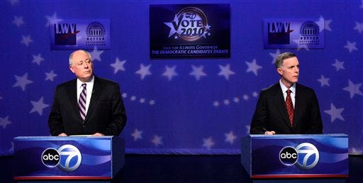 Illinois Democratic gubernatorial candidates Gov. Pat Quinn, left, and Comptroller Dan Hynes before a televised debate, Tuesday, Jan. 19, 2010, in Chicago. (AP Photo/Charles Rex Arbogast)