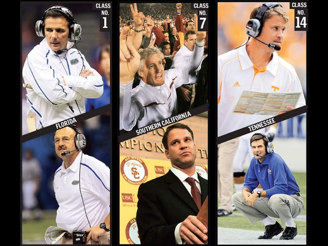 AP photosFlorida's Steve Addazio (below left) is filling in for ailing coach Urban Meyer (above left). Pete Carroll (above center) has left USC to Lane Kiffin (below center, above right), who'll be replaced at Tennessee by Derek Dooley (below right).