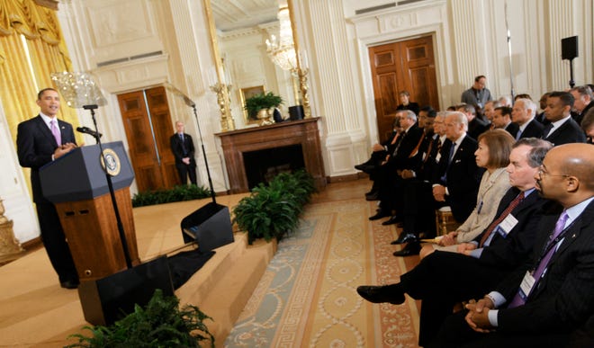 President Barack Obama addresses the U.S. Conference of Mayors on Thursday at the White House. AP PHOTO