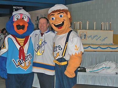 Dr. Tony McLain celebrated with Seamore and Foghorn on Friday with a large birthday cake. The two mascots were celebrating their tenth birthday as part of Lake Superior State University’s Winter Carnival.