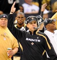 New Orleans Saints head coach Sean Payton celebrates during the NFC Championship Game Sunday night in the Superdome. The Saints won in overtime to earn a spot against the Indianapolis Colts in the Super Bowl.
Photo by NewOrleansSaints.com