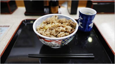 A beef bowl at Yoshinoya.