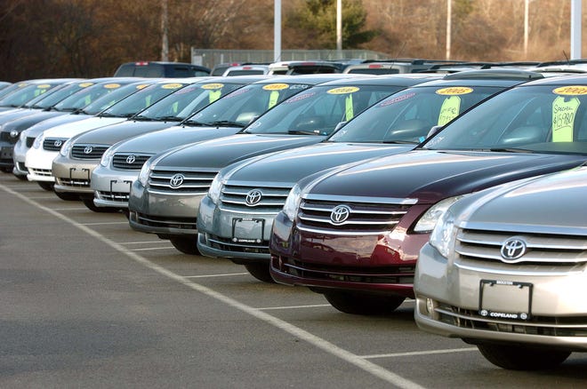 The parking lot at Copeland Toyota on West Chestnut Street in Brockton was filled with vehicles on Thursday, but some are not available for sale because of a massive recall.