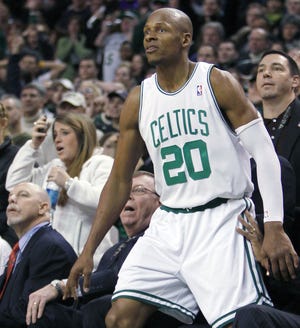 Celtics guard ray Allen watches as his shot misses in the final seconds of Boston's 90-89 loss to the Lakers at TD Garden.