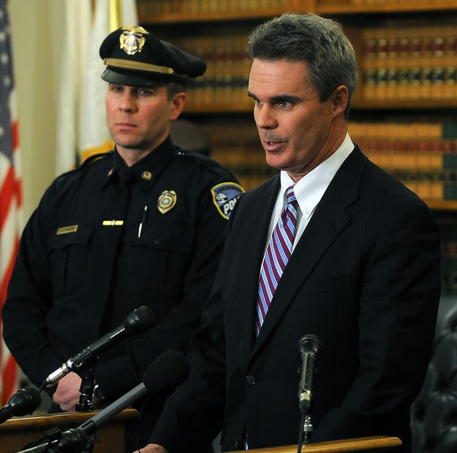 District Attorney Joseph Early, right, and Police Chief James Hester Jr., talk about the murder of a Shrewsbury woman Thursday.