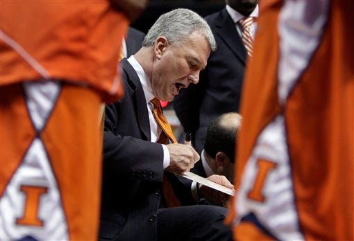 Illinois coach Bruce Weber draws up a play during a timeout in the first half of an NCAA college basketball game against Missouri on Wednesday, Dec. 23, 2009, in St. Louis. (AP Photo/Jeff Roberson)