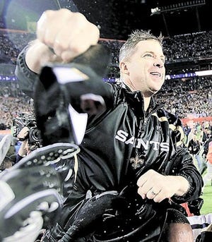 New Orleans Saints coach Sean Payton celebrates after winning Super Bowl XLIV Sunday in Miami. AP Photo
