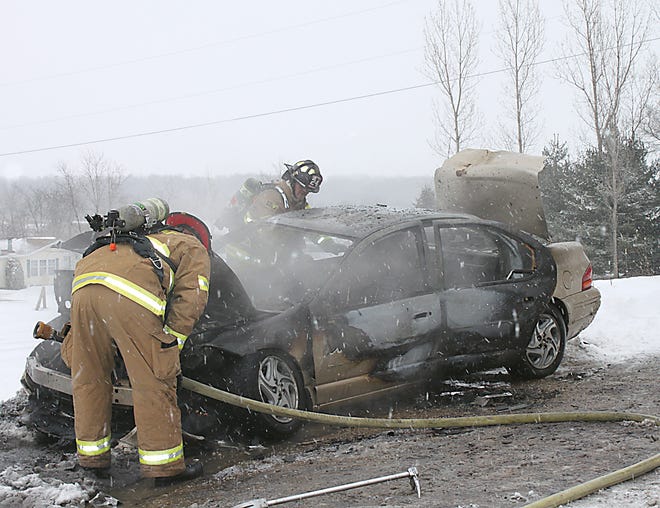 A charred skeleton is all that remains of a Dodge passenger car after an accident led to a car fire on Tuesday afternoon.