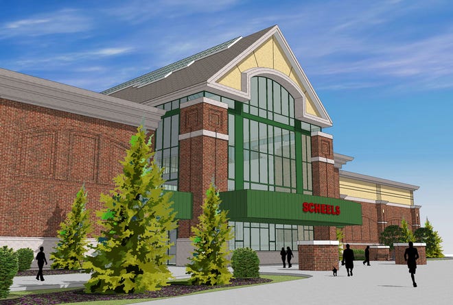 Artist's rendering of the west entrance of the proposed Scheels store in Legacy Pointe.