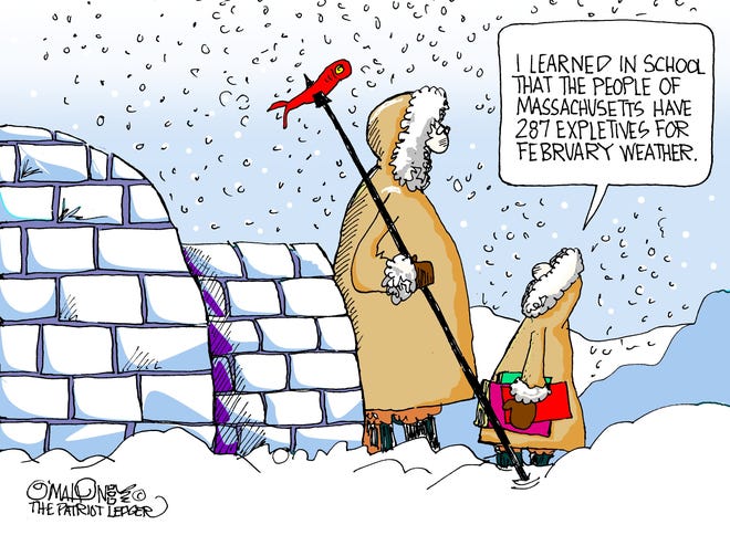 A cartoon for New Englanders who like to complain about snowy weather by Patriot Ledger cartoonist O'Mahoney.