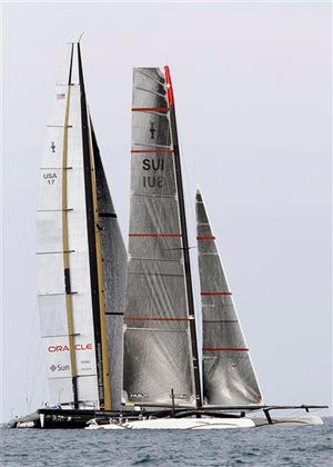 American challenger BMW Oracle BOR 90 sails during the second race of the 33rd America's Cup against Swiss defender Alinghi 5 of Valencia, Spain, Sunday, Feb. 14, 2010. American BMW Oracle BOR 90 won the first race of the 33rd America's Cup against Swiss defender Alinghi.