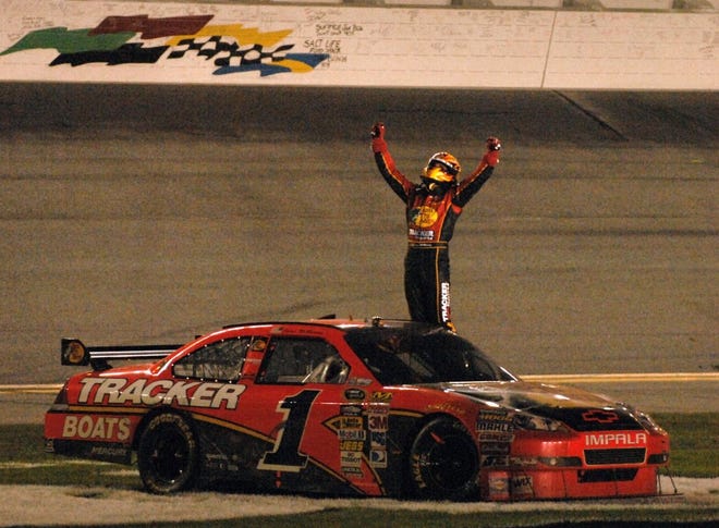 BOB SELF/The Times-UnionJamie McMurray celebrates after winning the Daytona 500 on Sunday, Feb. 14, 2010.