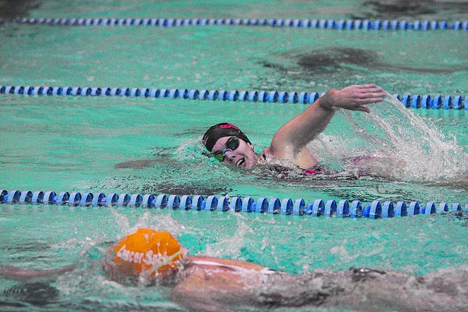A Monmouth College swimmer competes in freestyle competition against Knox college earlier this year.