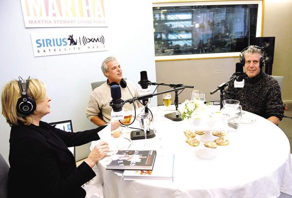 Evan Agostini/Associated Press file
This photo taken Feb. 5 shows television personality Martha Stewart talking with chefs Eric Ripert, center, and Anthony Bourdain, right, for a live broadcast of her Sirius XM interview series "At Martha's Table" on Martha Stewart Living Radio in New York.