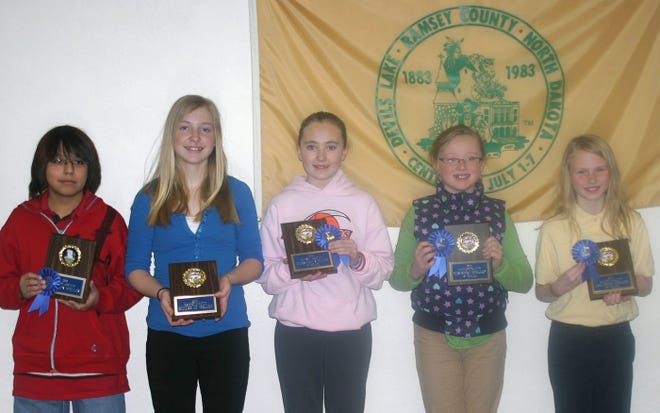 Pictured are the winners of the Ramsey County Spelling Bee, left to right: Gerard Thompson, Alexa Gathman, Mattisyn Barendt, Alexandria Palmer and Abby Heilman.