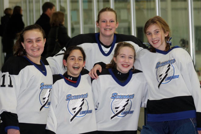 Local girls Annie Zampitella and Isabel Primack of Ipswich, Emma Hambright and Meghan Hubbard of Newburyport, and Katie Terban of Georgetown (above) all participated at the New Hampshire Girls Ice Hockey Championships held in Exeter, N.H. over the Feb. 20-21 weekend.