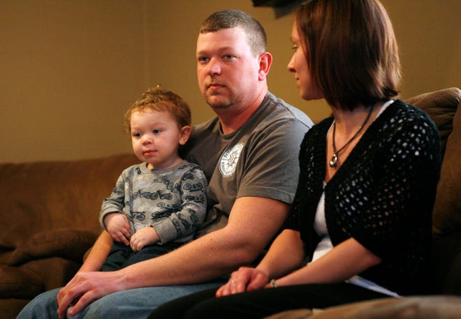 Ty Caruso, shown with his son, Jett, and fiancee, Britni Laager, says, “We’ll do what we can to get through it.”