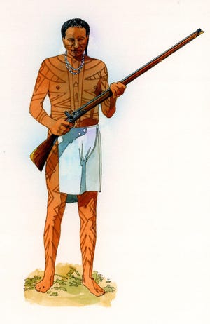 The warrior with a rifle shows the influence of white culture on Indians in Illinois. For more information about Native Americans, visit Dickson Mounds Museum near Lewistown.