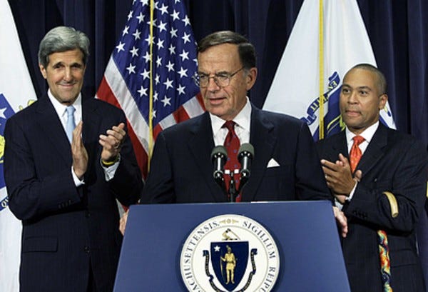 In this September 200 photo, Paul Kirk, center, is shown speaking shortly after he was named as interim Senate replacement for Ted Kennedy by Massachusetts Gov. Deval Patrick, right. Sen. John Kerry, D-Mass..