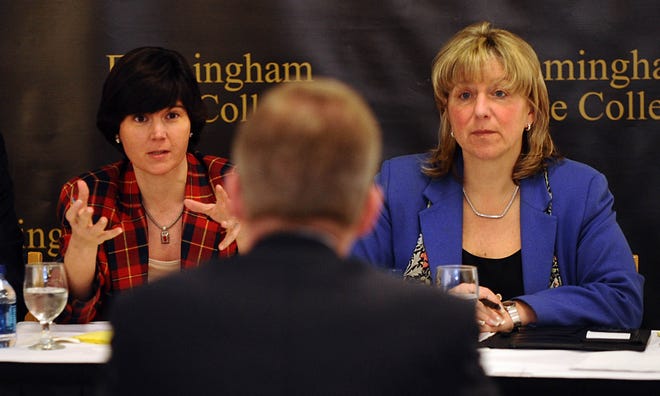 State Rep. Carolyn Dykema, D-Holliston, left, speaks as state Sen. Karen Spilka, D-Ashland, and David Bennett, vice president of business banking at Middlesex Savings Bank, look on during a legislative forum Tuesday. The forum was at Framingham State College and focused on a Senate bill that would create a MetroWest Tourism and Visitors Bureau.