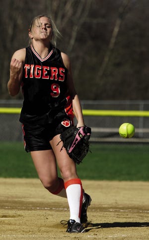 Hofstra University pitcher Erin Wade, shown here delivering a pitch during her senior season at Taunton High in 2008, earned Colonial Athletic Association Softball Player of the Week honors.