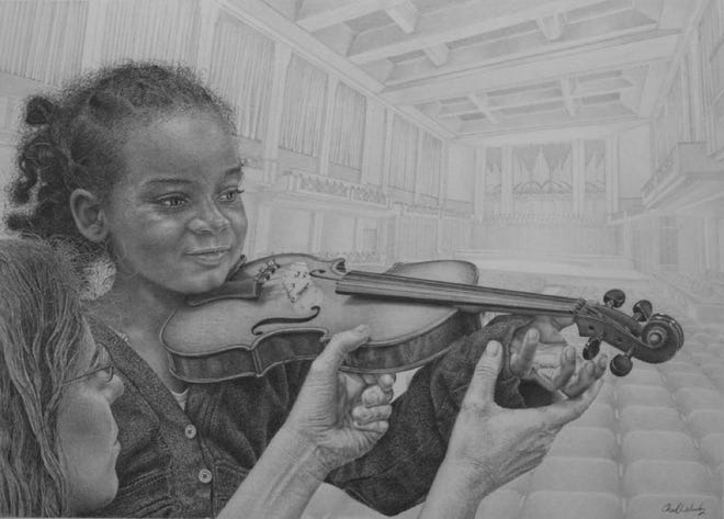 Chad WeeksChad Weeks' pencil drawing "Setting the Stage" features a student being taught the violin. It will be auctioned off Thursday at Communities In Schools' "Symphony of Students" celebration.