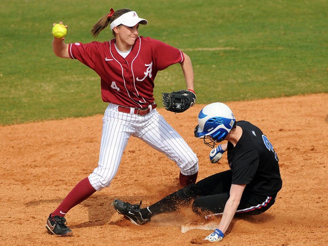 Alabama's Jackey Branham (4) attempts to make the relay throw to first on a double play after forcing our DePauls' Keima Davis (3) at second during the seventh inning of college softball action at the Easton Challenge softball tournament at the alabama softball complex Sunday march 7, 2010.